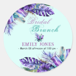 Elegante tropische paarse bloemenbrunch met bruid ronde sticker
