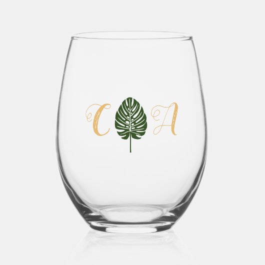 Elegante Tropische Palm Leaf Monogram Strand Bruil Wijnglas Zonder Voet (Voorkant)