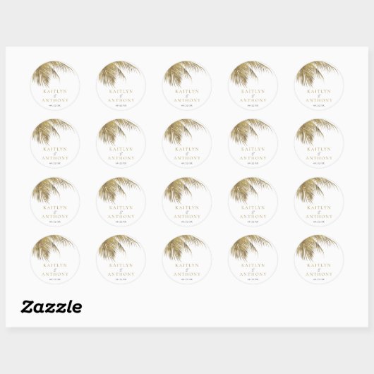 Elegante Tropische Palm Tree Beach bruiloft Ronde Sticker (Vel)