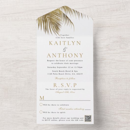 Elegante Tropische Palm Tree Beach bruiloft & RSVP All In One Uitnodiging (Binnen)