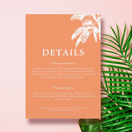 Elegante Tropische Palm Tree Wedding Details Informatiekaartje