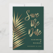 Elegante tropische palmbladeren groen goud save the date (Voorkant)
