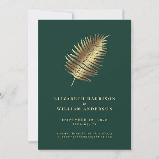 Elegante tropische palmbladeren groen goud save the date (Achterkant)