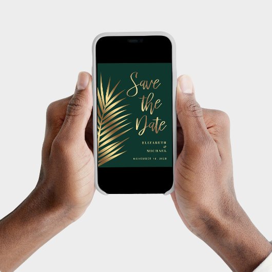 Elegante tropische palmbladeren groen goud save the date