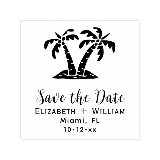 Elegante Tropische Palmbomen Bruiloft Save the Dat Zelfinktende Stempel (Design)