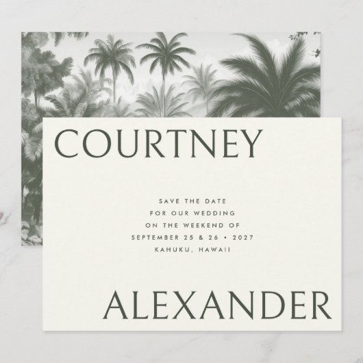 Elegante Tropische  Palmen Grote Namen Bruiloft Save The Date (Voorkant / Achterkant)
