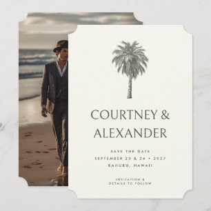 Elegante tropische  palmfoto bruiloft save the date