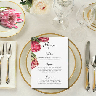 Elegante Tropische Roze & Groene Proteas Bruiloft Menu