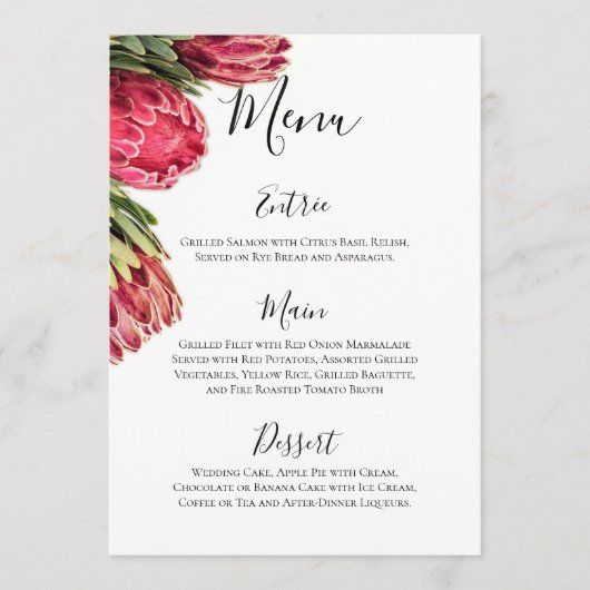 Elegante Tropische Roze & Groene Proteas Bruiloft Menu (Voorkant)