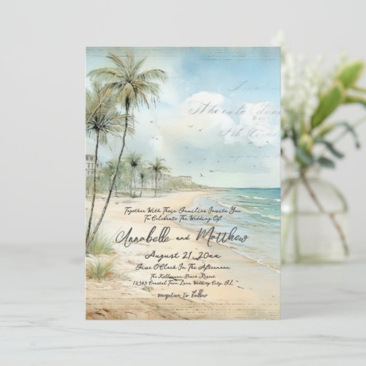 Elegante  tropische strand bruiloft kaart (Staand voorkant)