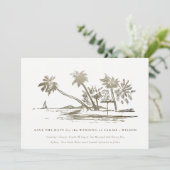 Elegante Tropische Strand Palmboom Schets Bleek Go Save The Date (Staand voorkant)
