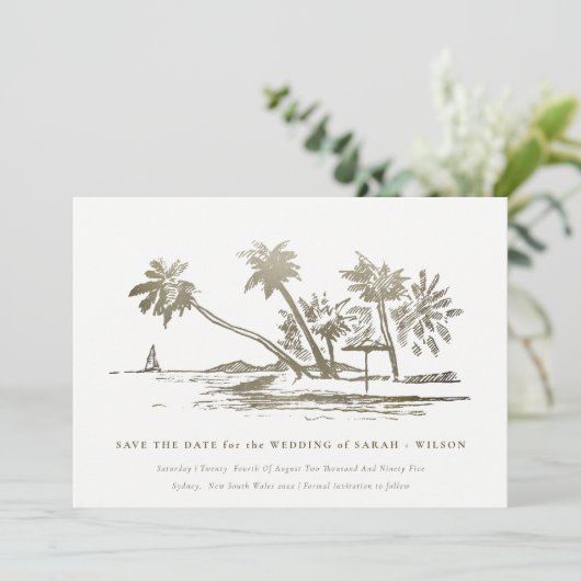 Elegante Tropische Strand Palmboom Schets Bleek Go Save The Date (Staand voorkant)