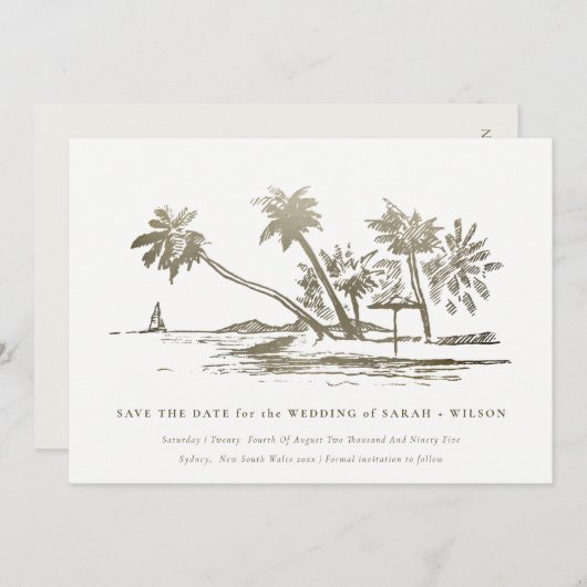 Elegante Tropische Strand Palmboom Schets Bleek Go Save The Date (Voorkant / Achterkant)