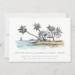 Elegante Tropische Strand Palmenboom Schets Aquare Save The Date