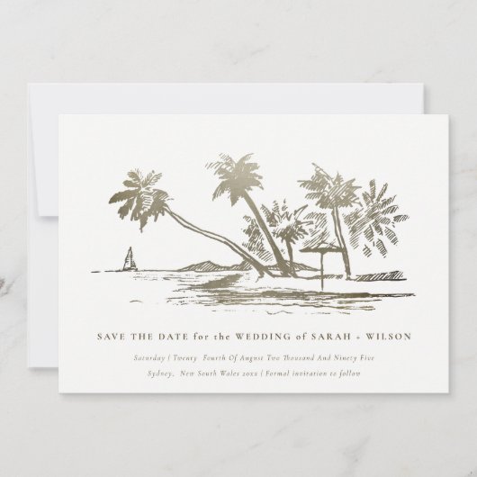 Elegante Tropische Strand Palmenboom Schets Bleek  Save The Date (Voorkant)