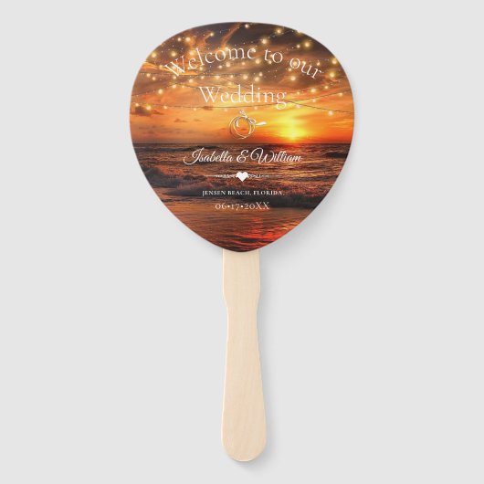 Elegante Tropische Strand String Lights Trouwgunst Handwaaier (Voorkant)