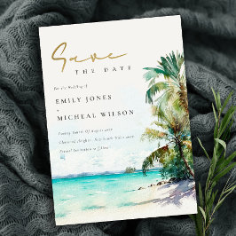 Elegante Tropische Strand Waterverf Palmbomen Save The Date