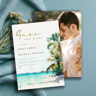 Elegante Tropische Strand Waterverf Palmboom Foto Save The Date