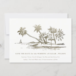 Elegante tropische strandpalmboom schets bleke gou save the date
