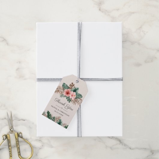 Elegante Tropische Waterverf Bloemenbruiloft Cadeaulabel (Met Touw)