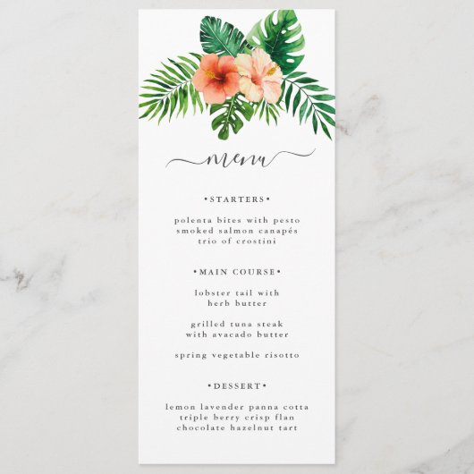 Elegante Tropische Waterverf Bloemenbruiloft Menu (Voorkant)