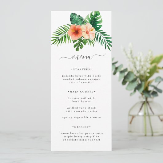 Elegante Tropische Waterverf Bloemenbruiloft Menu (Staand voorkant)