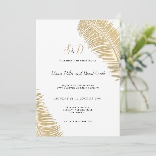 Elegante tropische wit en gouden bladeren bruiloft kaart (Staand voorkant)