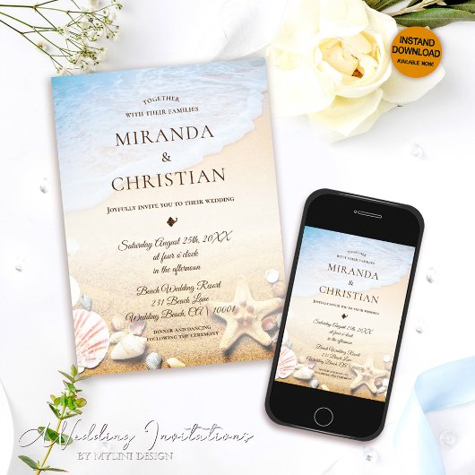 Elegante tropische zeester strand bruiloft uitnodi kaart