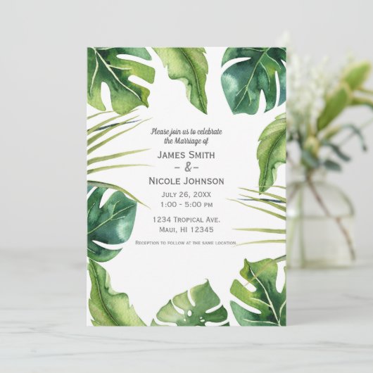 Elegante tropische zomer palmbladeren bruiloft kaart (Staand voorkant)