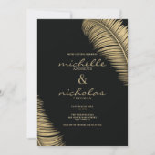 Elegante tropische zwart en gouden bladeren bruilo kaart (Voorkant)