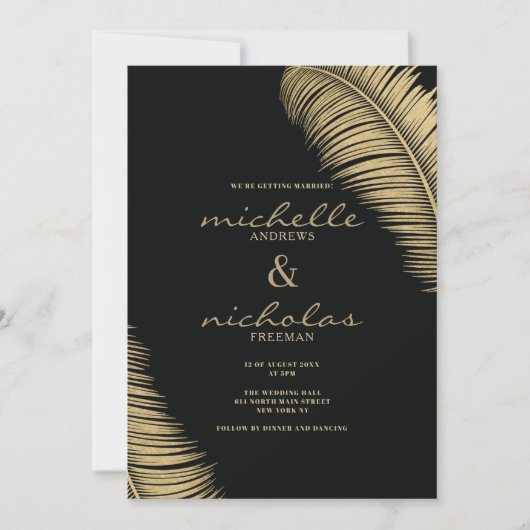 Elegante tropische zwart en gouden bladeren bruilo kaart (Voorkant)