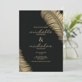 Elegante tropische zwart en gouden bladeren bruilo kaart (Staand voorkant)