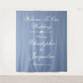 Elegante Trouw Aangepaste Naam Stof Blauw Achtergr Wandkleed