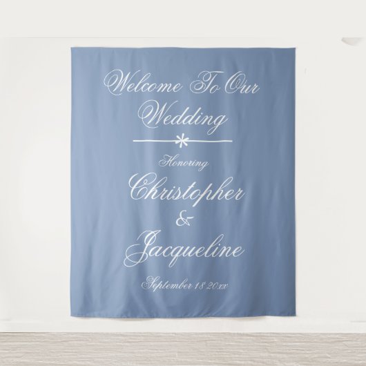 Elegante Trouw Aangepaste Naam Stof Blauw Achtergr Wandkleed (Voorkant)