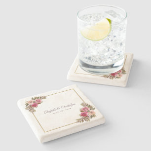 Elegante Trouw Bruid & Bruidegom Aquarel Bloemen Stenen Onderzetter