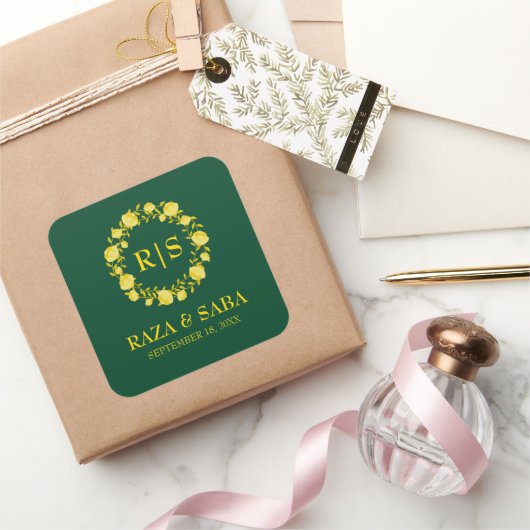 Elegante Trouw Emerald en Goud Vierkante Sticker (Geschenken)