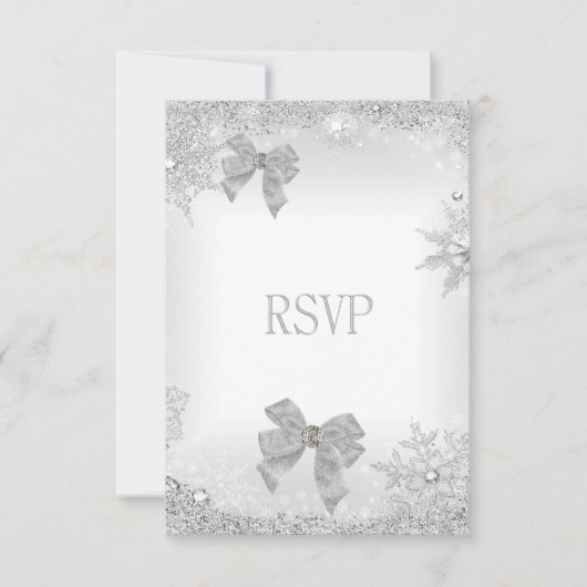 Elegante trouw glitter zilver witte strikset RSVP kaartje (Voorkant)