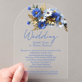 Elegante Trouw Korenbloem Blauw Wit Goud Acryl Uitnodigingen