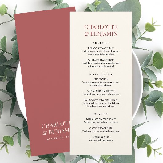 Elegante Trouw Menukaart Chic Minimalistisch Rood