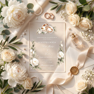 Elegante Trouw met Gouden Ringen en Witte Bloemen Acryl Uitnodigingen