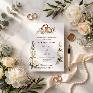 Elegante Trouw met Gouden Ringen en Witte Bloemen Kaart