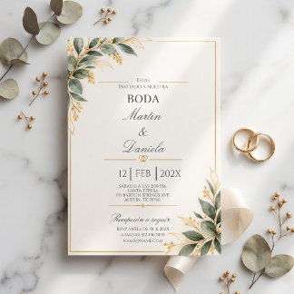 Elegante Trouw met Groen Eucalyptus en Goud Kaart