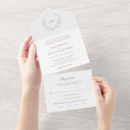 Elegante Trouw met Mauve Krans Monogram All In One Uitnodiging