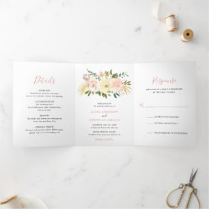 Elegante Trouw met Roze Bloemen Drieluik Uitnodiging