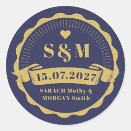 Elegante Trouw Monogram Naam Navy Blauw Goud Ronde Sticker