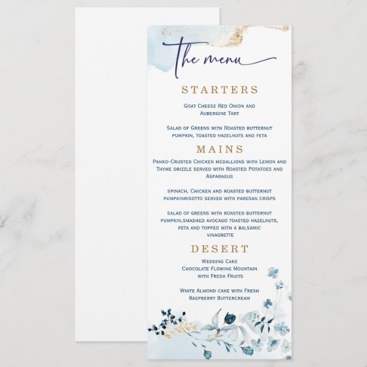 Elegante Trouw Navyblauw en Goud  Menu (Voorkant / Achterkant)