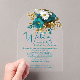 Elegante trouw ornate turquoise wit goud bloemen acryl uitnodigingen