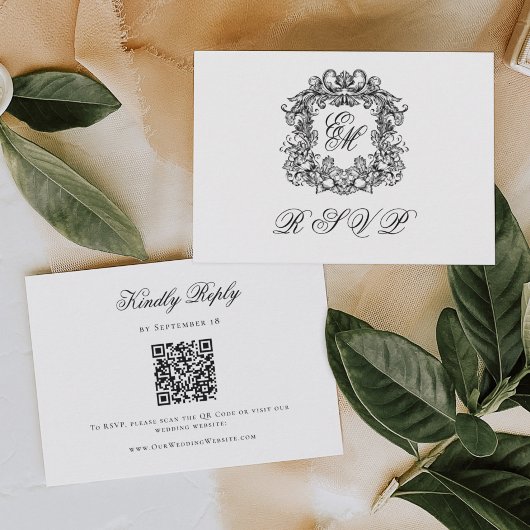 Elegante trouw-QR-code met monogram wapenschild RSVP Kaartje