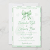 Elegante Trouw Sage Groene Gingham Strik Kaart (Voorkant)