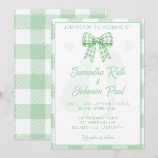 Elegante Trouw Sage Groene Gingham Strik Kaart (Voorkant / Achterkant)